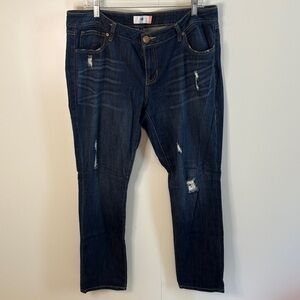 CAbi Dark Blue Distressed Slim Boyfriend Jeans with Yellow Stitching style 3045